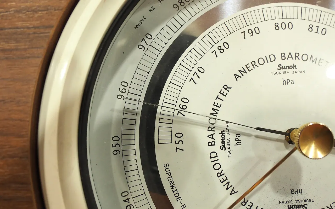 Close-up of an aneroid barometer dial