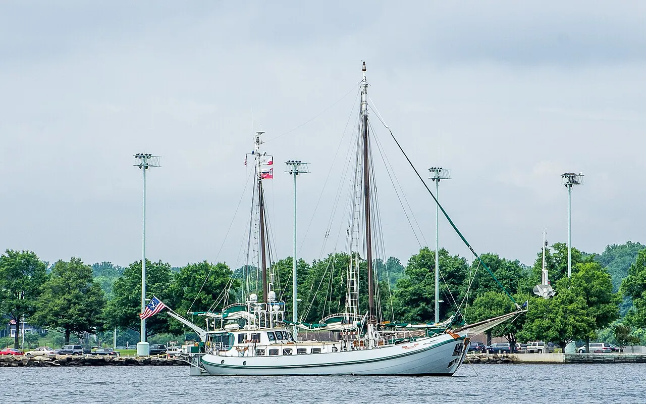 A traditional schooner moored in Annapolis harbor
