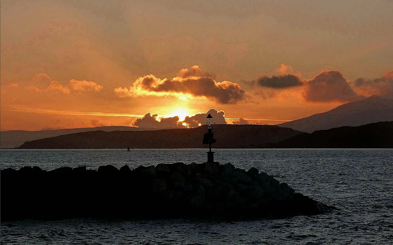 Sunset over the Firth of Clyde from the entrance to Largs Yacht Haven