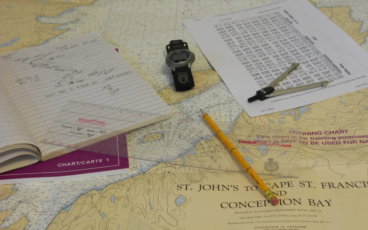 A chart with a pencil, dividers, an eraser and notes laid out for a navigation exercise