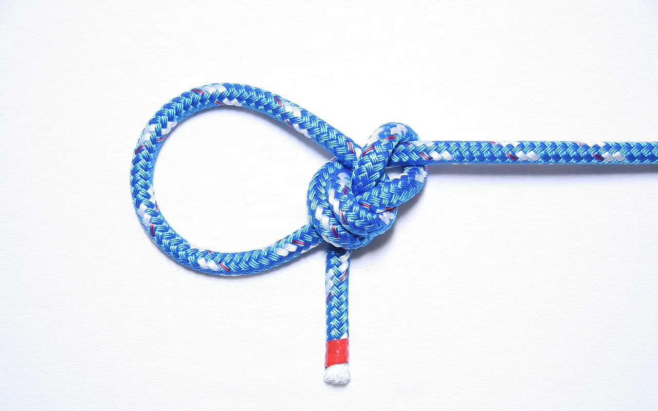 A bowline loop tied in blue braided rope