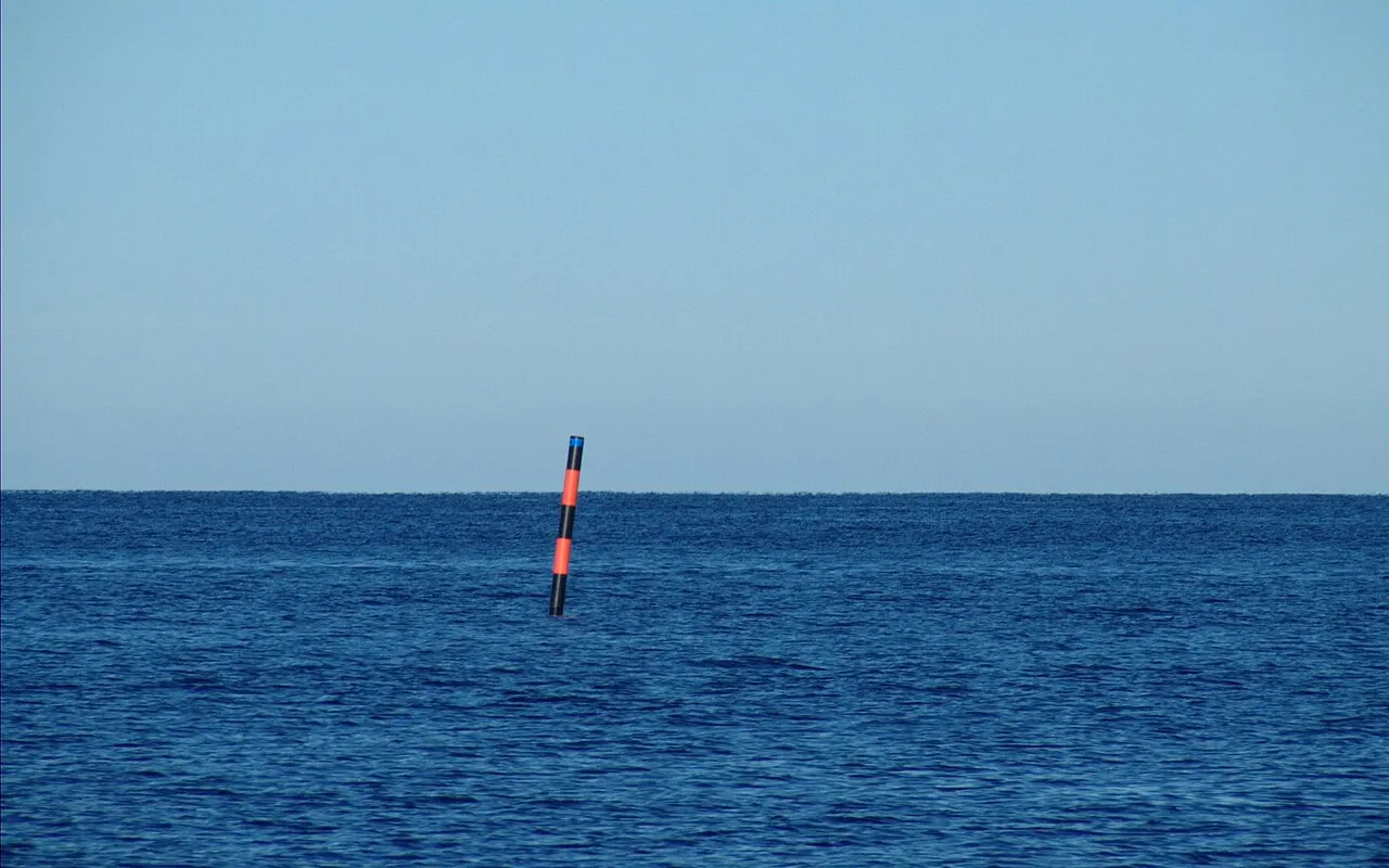 A black and red banded isolated danger spar mark at sea