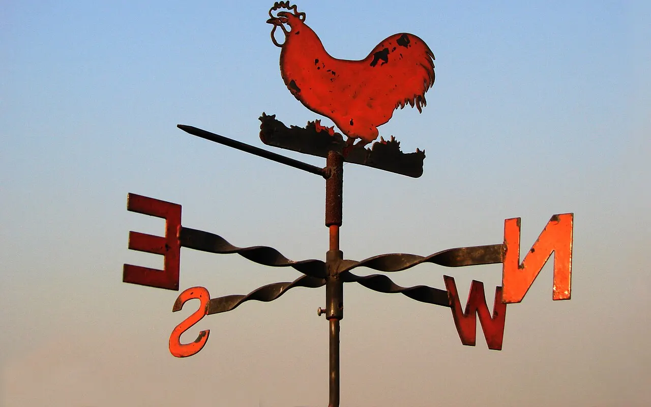 A weathervane with a cockerel and compass letters N, E, S and W