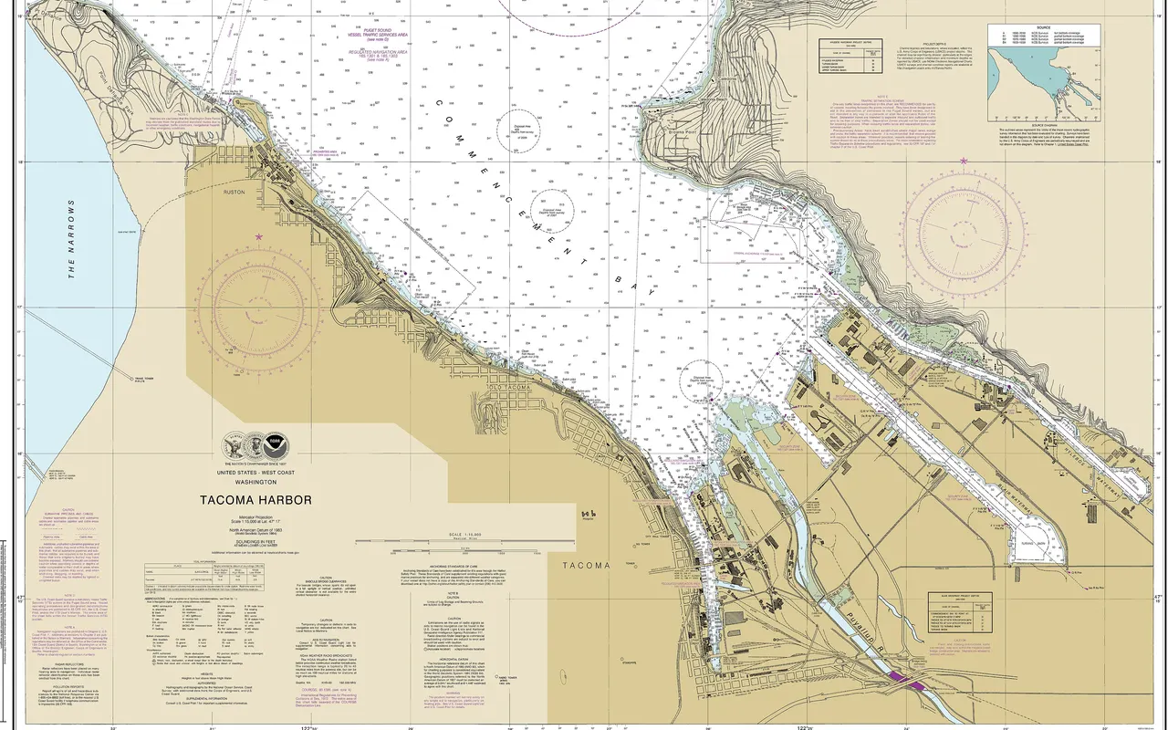 A NOAA nautical chart of Tacoma Harbor showing depths, contours, channels and the title block