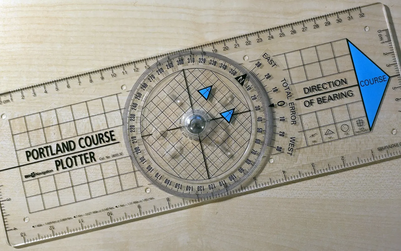 A clear plastic Portland course plotter with a rotating compass rose and grid