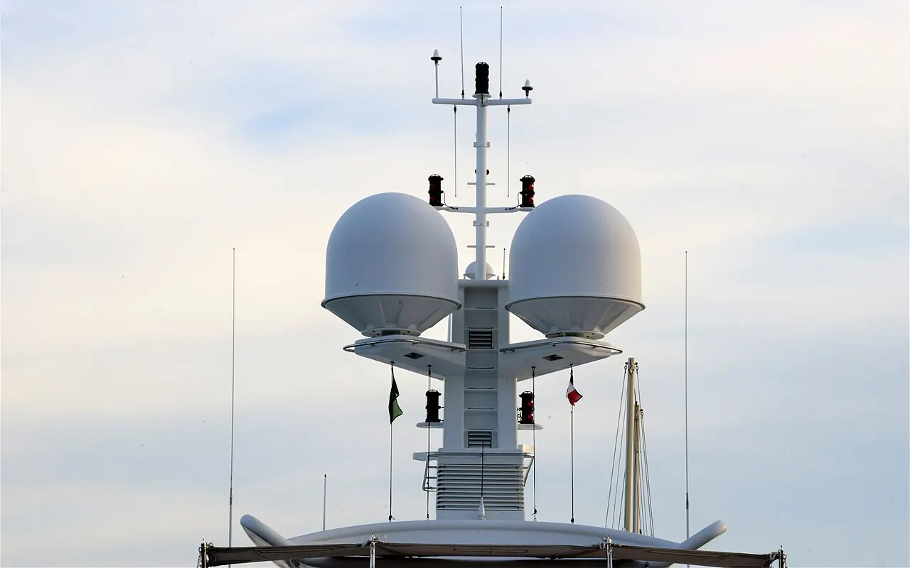 Radar domes and antennas on a yacht's mast