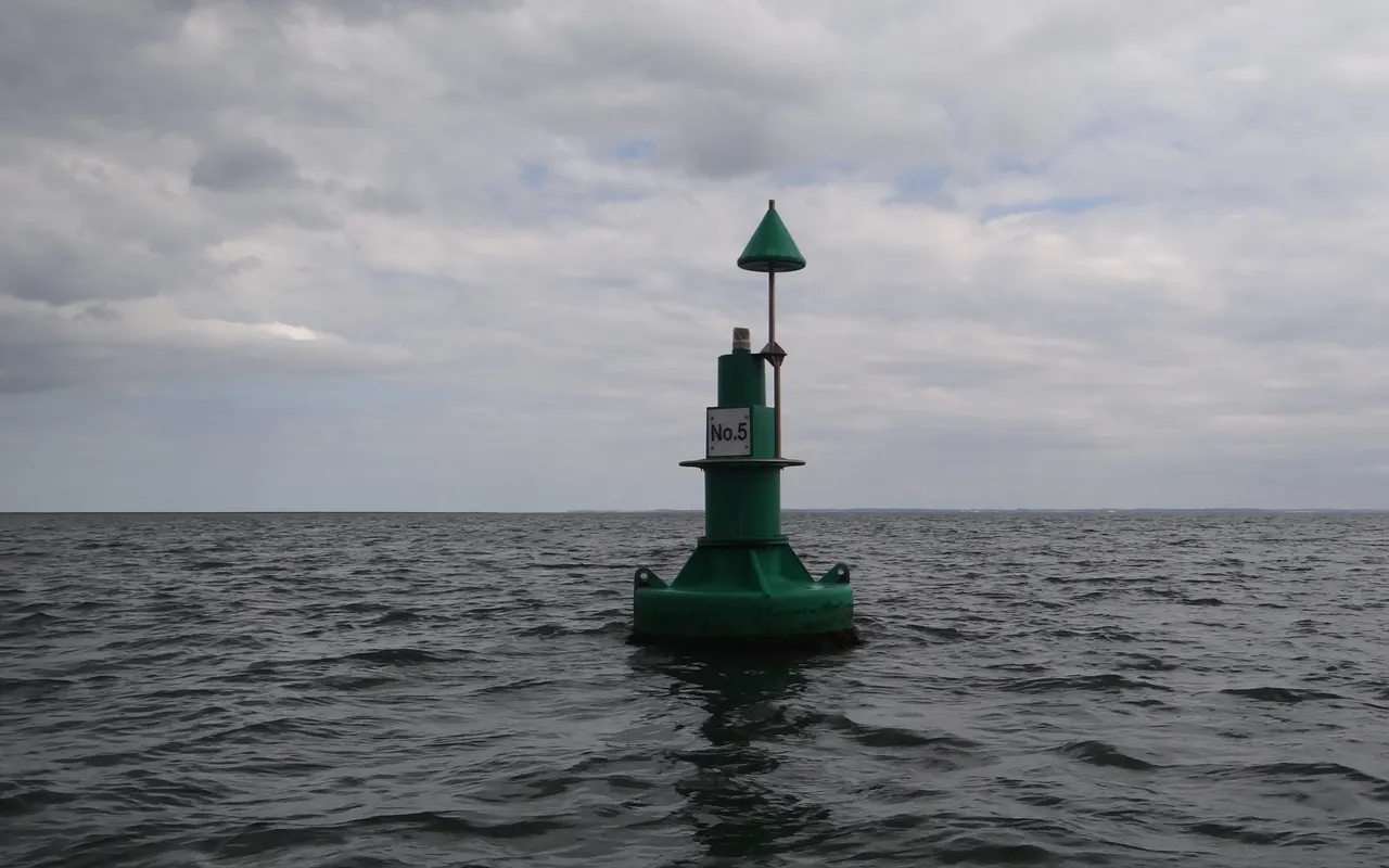 A green conical starboard-hand lateral buoy in open water
