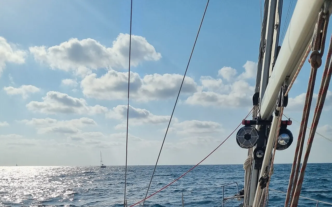 A sailing yacht's mast with shrouds, halyards and spreader lights, seen from the deck at sea