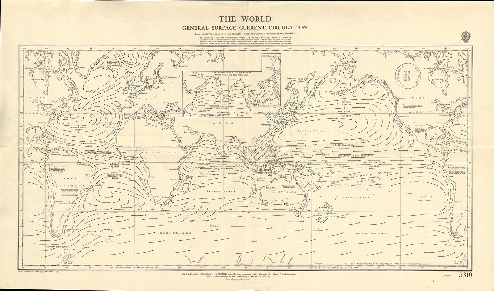 Admiralty chart 5310: the general surface current circulation of the world's oceans, with named currents and the north-east monsoon inset for the Indian Ocean