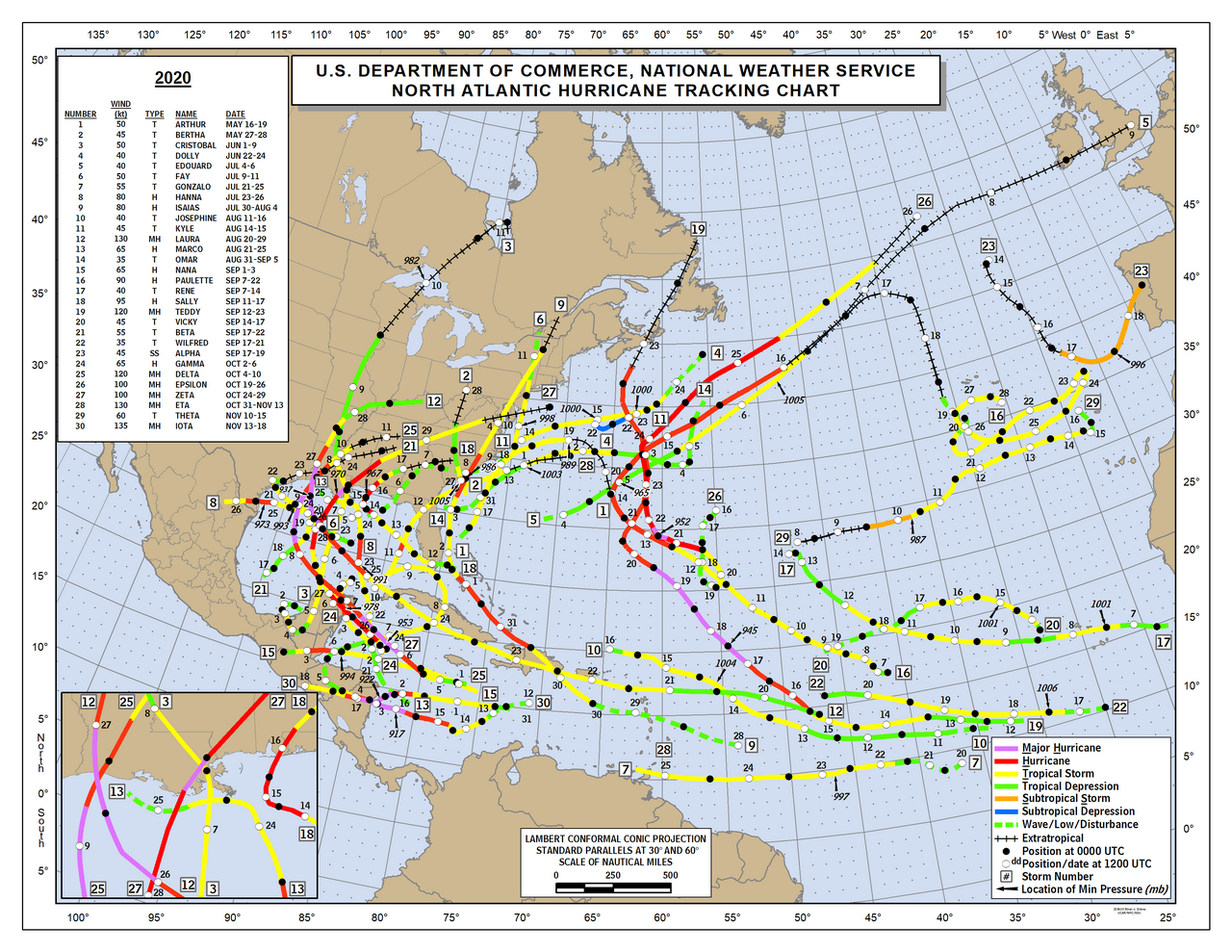 National Hurricane Center chart of all tropical cyclone tracks in the 2020 Atlantic season