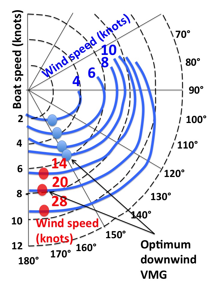 Downwind polar diagram showing boat speed against true wind angle for wind speeds from 4 to 28 knots, with the optimum downwind VMG points marked