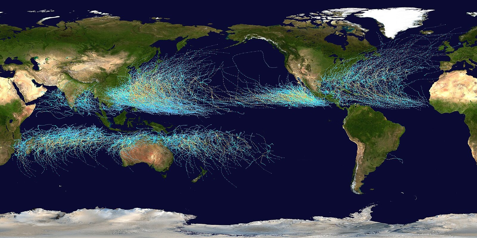 Tracks of all tropical cyclones worldwide 1985 to 2005, coloured by intensity