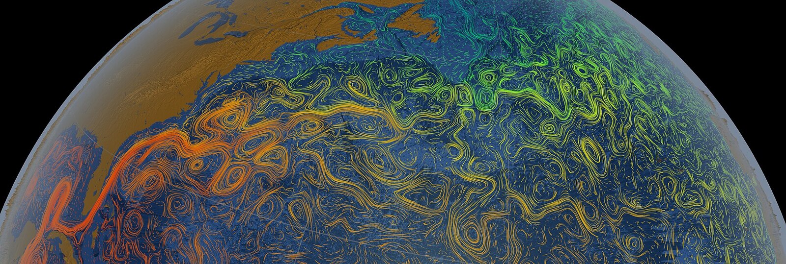 NASA visualisation of North Atlantic sea surface currents and temperature, showing the fast Gulf Stream core, its meanders and many eddies