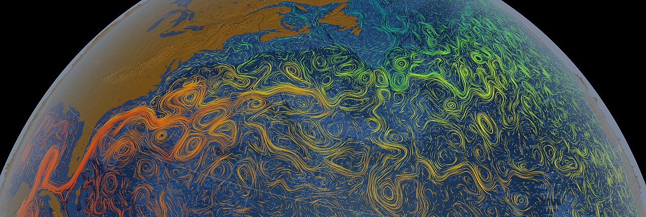 Gulf Stream surface currents and temperatures, showing the fast warm stream, its meanders and eddies
