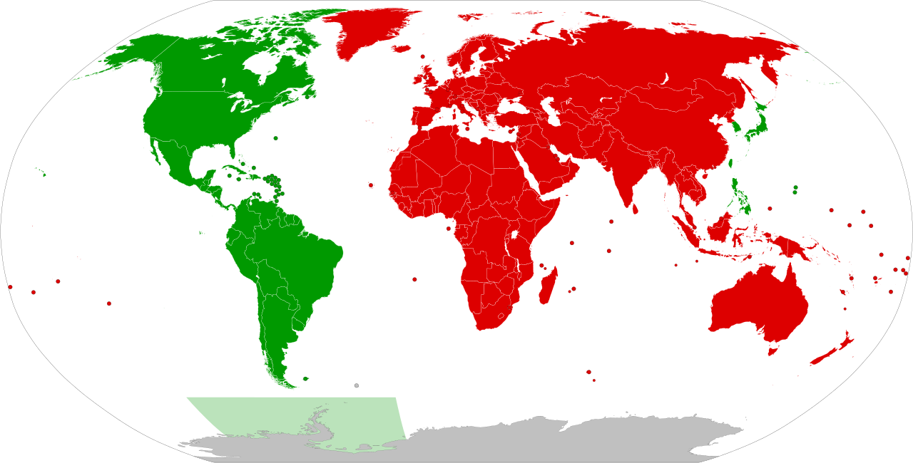 World map of IALA Region A and Region B buoyage