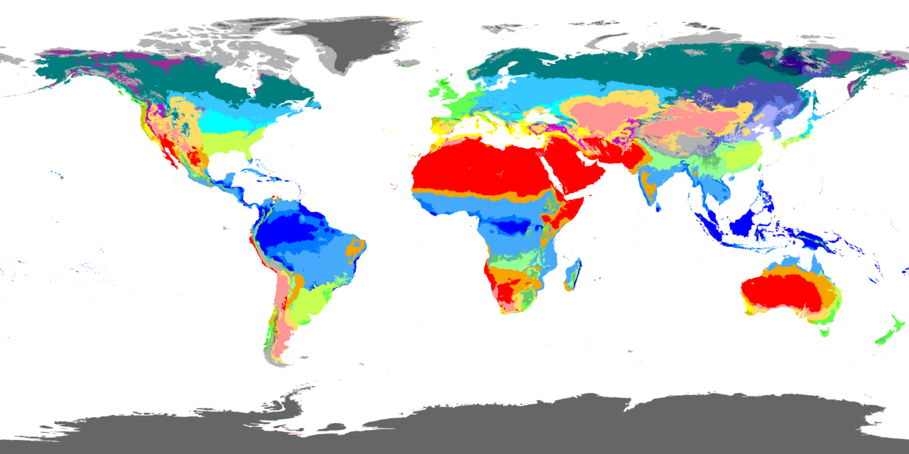 World map of Koeppen-Geiger climate classes for 1980 to 2016