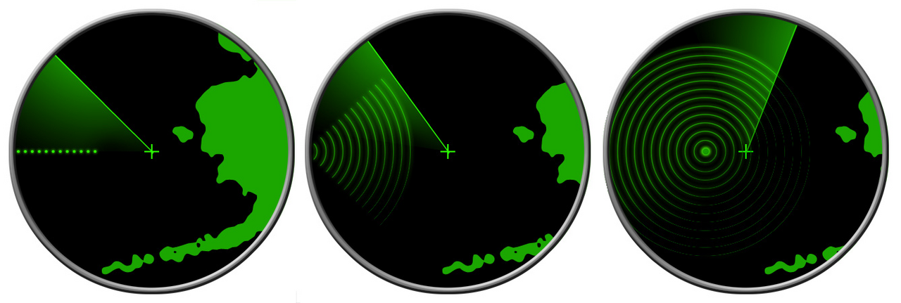 SART response on a ship radar display: a line of dots at long range, arcs at medium range and concentric circles at close range