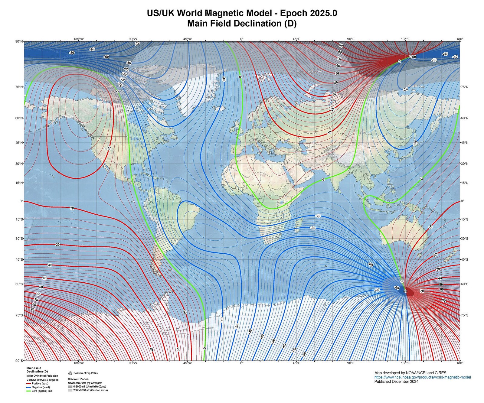 World declination (magnetic variation) in 2025: blue is West, red is East, green is zero