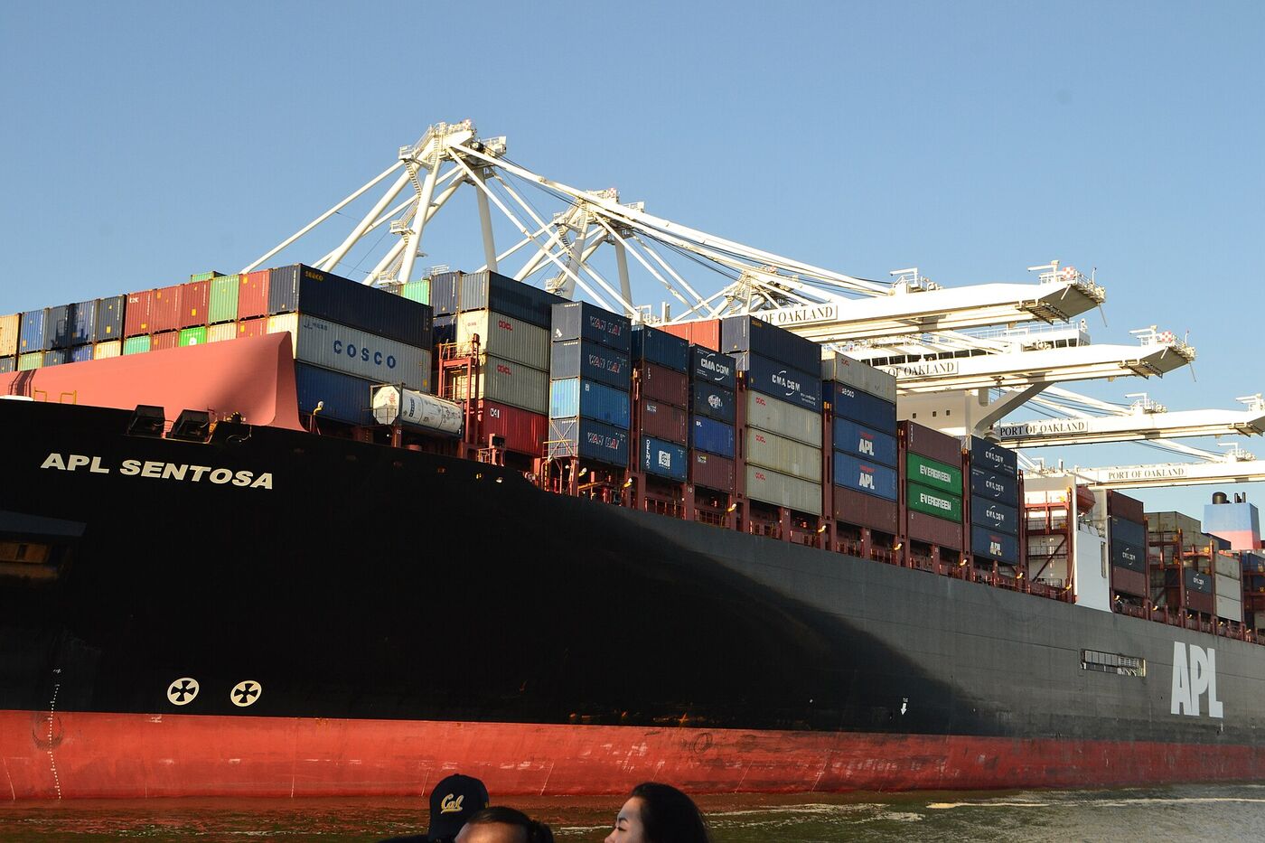 A large international container ship at the Port of Oakland