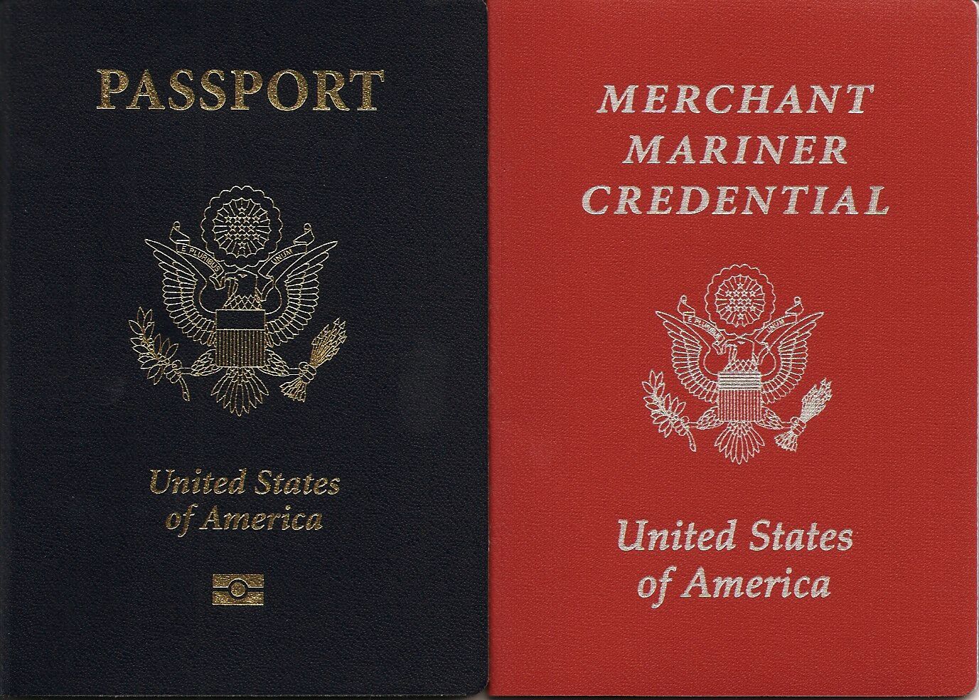 A US passport and a Merchant Mariner Credential side by side