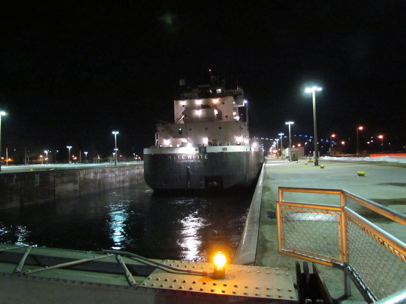 A Great Lakes freighter at the Soo Locks on the opening night of the shipping season