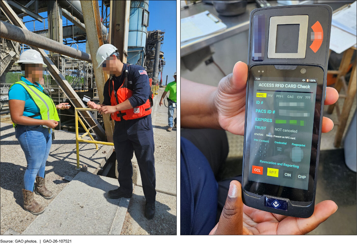 A Coast Guard member checks a TWIC card with a hand-held reader